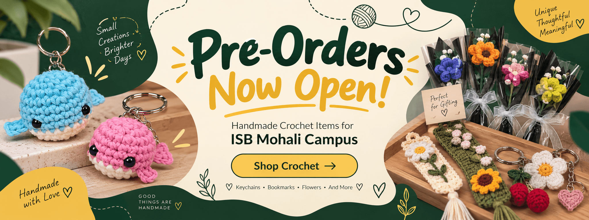Pre-orders now open. Handmade crochet items for ISB Mohali campus — keychains, bookmarks, flowers and more. Shop crochet.