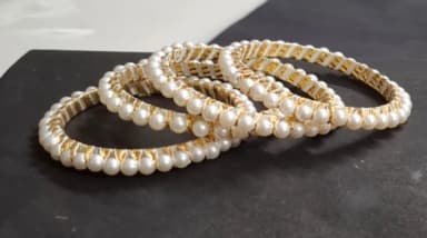 Pearl Embellished Gold and White Bangles