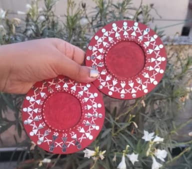 Handmade Red Mirror-Work Tealight Holders